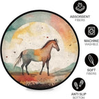 Round Washable Non-Slip Rug for Home & Office Soft Carpet for Living Room, Bedroom & Entryway Indoor/Outdoor Horse Watercolor Design Perfect for Dining Room Rubber Backed & Easy to Clean.