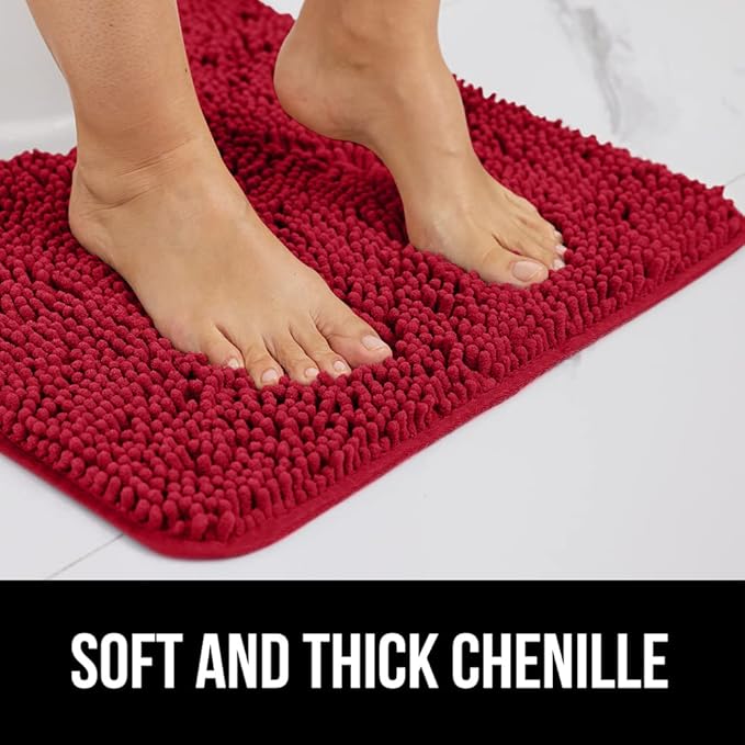 GORILLA GRIP Bath Rug Mat, Thick Soft Absorbent Chenille, Quick Dry Microfiber Mats, Rubber Backing Washable Shower Floor Rugs, US Designed Bathroom Bathmat Home Decor Accessories, 24x17, Red