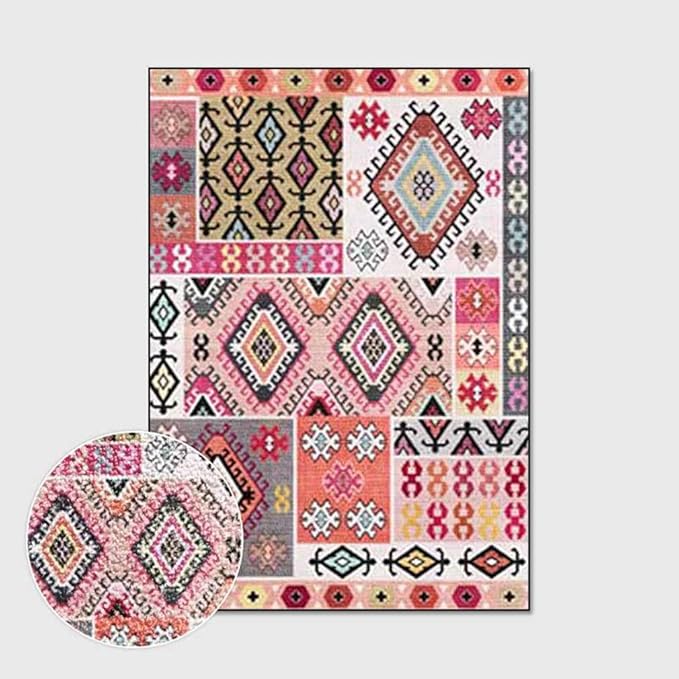 Vintage Boho Area Rugs Multicolor Ethnic Style Geometric Splicing Carpets Bedroom Living Room Kitchen Floor Mats Indoor Outdoor Non-Shedding Runner Rug Home Décor Carpet 2' X 5'