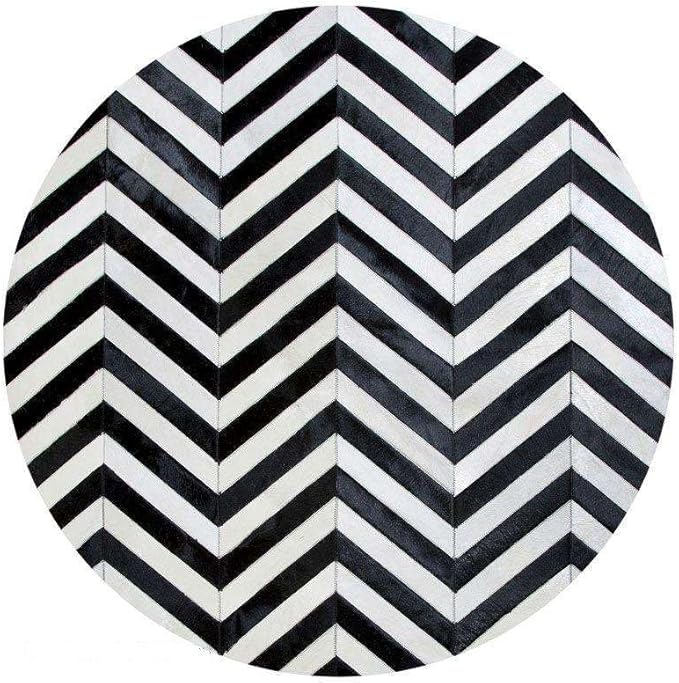 Round Cowhide Rug Black and White – Handmade Genuine Leather Chevron Patchwork Carpet – Modern Luxury Hide Area Rug for Living Room Bedroom Office Rustic Farmhouse Home Décor, (5×5ft)