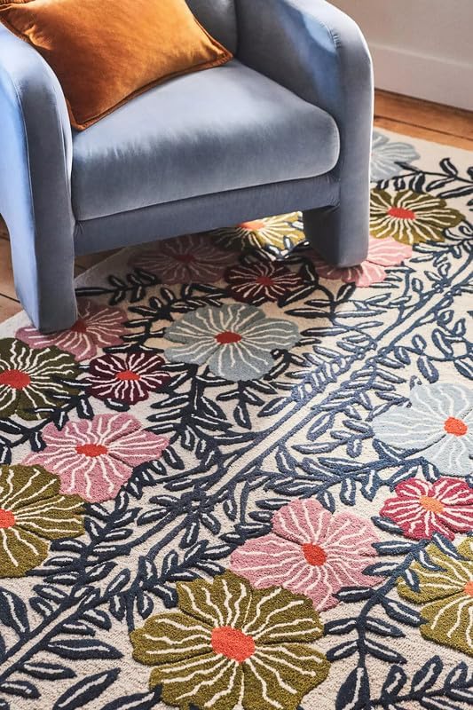 Bold Floral Hand-Tufted Wool Rug 3x6 Ft – Vintage-Style Area Carpet with Modern Botanical Pattern for Living Room, Bedroom, Nursery, Cottagecore Décor, Soft Wool Pile, Cotton Backing