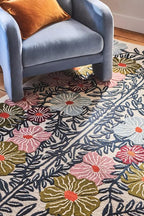 Bold Floral Hand-Tufted Wool Rug 8x11 Ft – Vintage-Style Area Carpet with Modern Botanical Pattern for Living Room, Bedroom, Nursery, Cottagecore Décor, Soft Wool Pile, Cotton Backing