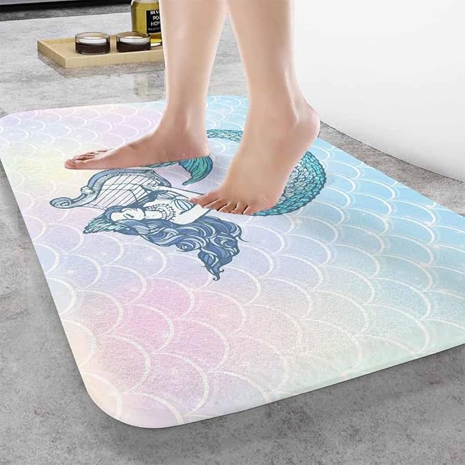 Mermaid with Harp Bath Mat for Bathroom Colorful Fantasy Scales Unicorn Pink Gradient Texture Bath Rugs Door Mat Non Slip Rubber Backed Bathroom Floor Mat for Bathtub Sink Shower 16"X24"