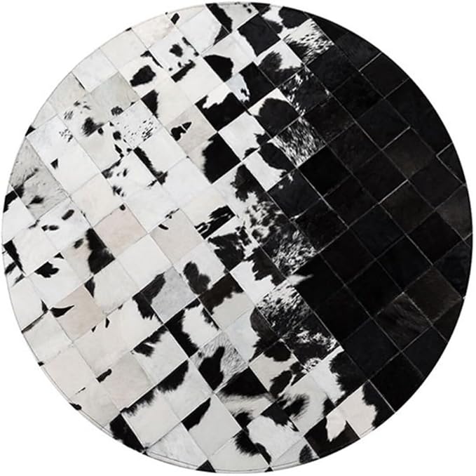 Cowhide Round Leather Rug 4x4 ft – Genuine Hair-On Hide Patchwork Area Rug for Living Room, Bedroom, Kids Playroom, Lounge & Western Home Decor