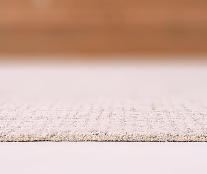 Hand-Tufted 100% Wool Pile Area Rug – Geometric Textured Grid Check Pattern – Thick and Durable Floor Carpet for Bedroom, Living Room, Kids Room, and Dining Area (Ivory Grey, 7' Round)