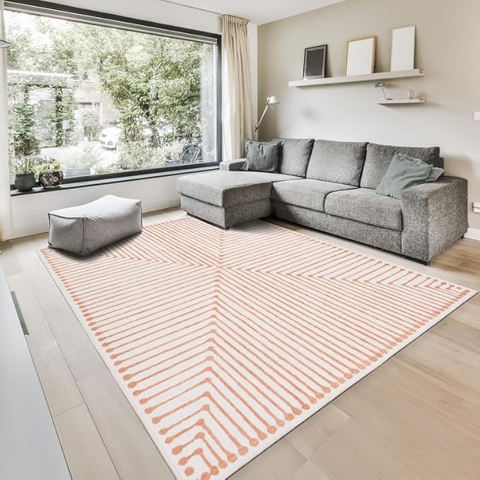 GLN Rugs Contemporary Collection - Machine Washable Area Rug, Contemporary Washable, Non Slip, Low Pile Chenille Rug, Living Room, Bedroom, Kitchen Rug (5' x 7' Orange Beige)