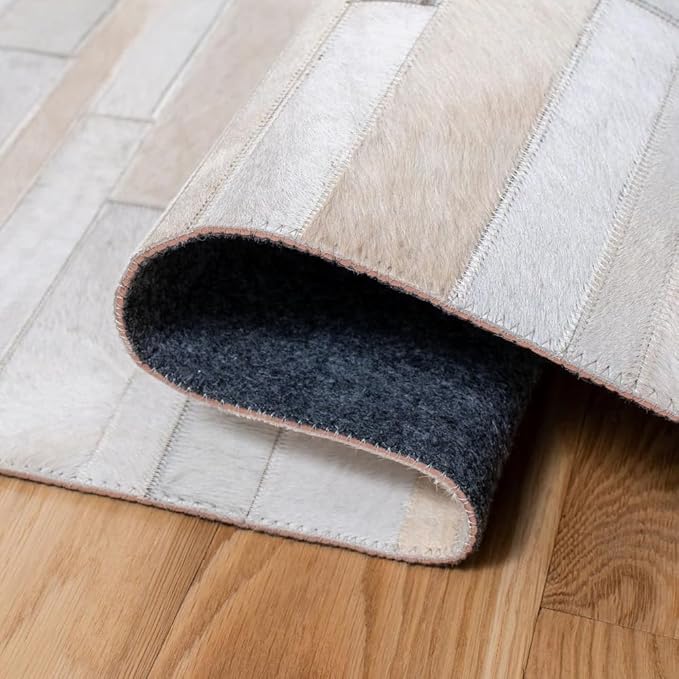 Cowhide Leather Carpets for Living Room 8x10 Natural Leather Area Rug Modern Stripes Style Floor Carpet for Home Decor | Superior Indoor Area Rug, Washable Rug White