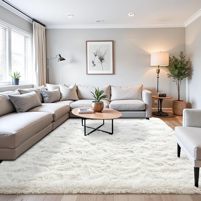 Beglad Fluffy Large Area Rugs 8x10 Feet, Modern Minimalist Style Shag Fuzzy Rugs, Non-Slip Indoor Carpet Soft Rugs for Kids Room, Bedroom & Living Room, Cream White