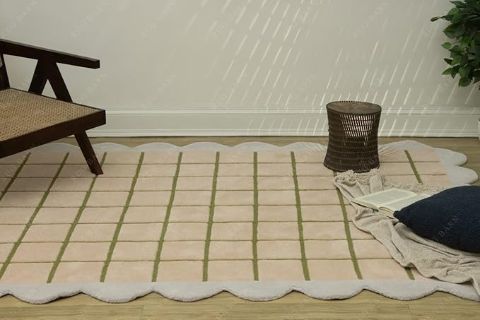 Scalloped Border Wool Area Rug with Windowpane Grid, Hand-Tufted, Beige-Blush with Sage Lines & Light Purple Edge - Soft High-Low Pile for Living Room, Bedroom, Nursery - 9x9 Ft (Square)