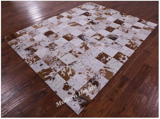 Modern Design Premium Cowhide Leather Carpet with Chevron Pattern, Area Rug (White/Brown, 3x10)