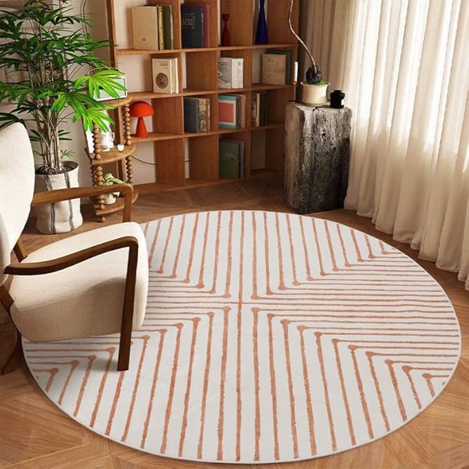 GLN Rugs Contemporary Collection - Machine Washable Area Rug, Contemporary Washable, Non Slip, Low Pile Chenille Rug, Living Room, Bedroom, Kitchen Rug (5'3" Round Orange Beige)