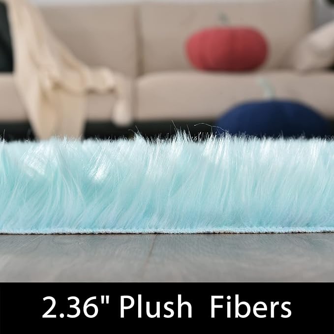 Latepis Light Blue Fluffy 2x6 Rug Runner Teal Shag Washable Area Rugs Faux Fur Rug for Living Room Bedroom Throw Rugs Room Carpet Room Decor