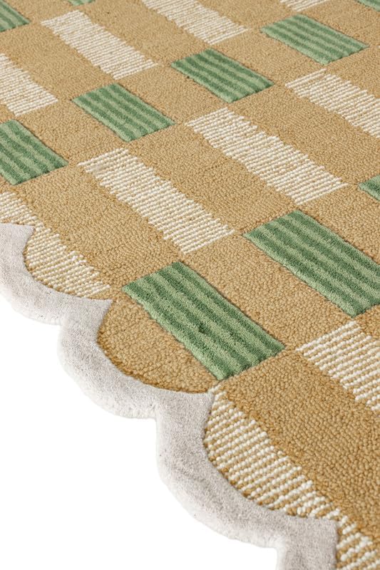 Hand-Tufted Wool Area Rug with Scalloped Edges, Beige and Green Plaid Pattern, Cozy and Soft Accent Rug for Living Room, Bedroom, and Nursery, Handmade Decorative Rug, 5x8 Ft