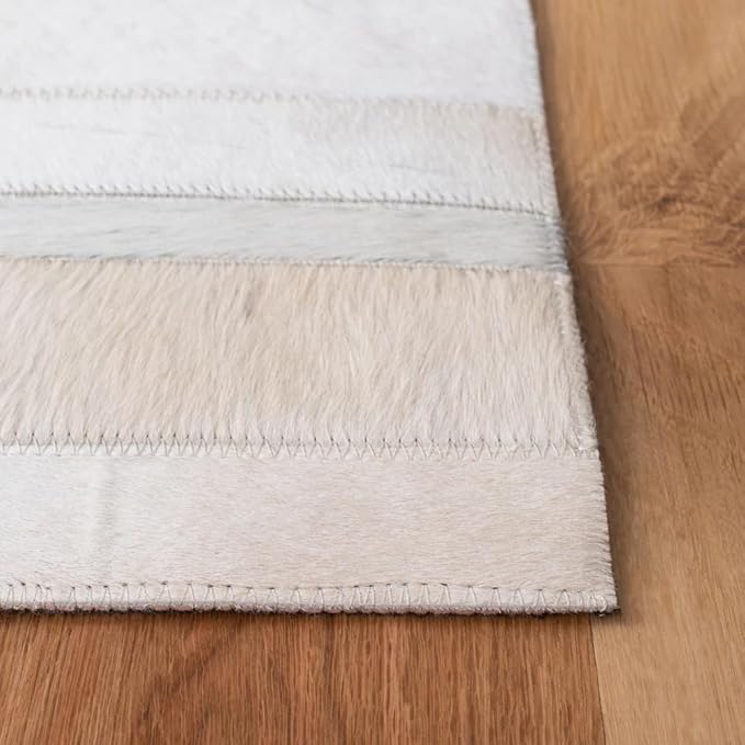 Cowhide Leather Carpets for Living Room 8x10 Natural Leather Area Rug Modern Stripes Style Floor Carpet for Home Decor | Superior Indoor Area Rug, Washable Rug White