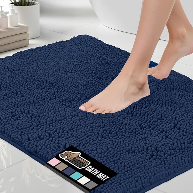 GORILLA GRIP Bath Rug Mat 44x26, Soft Absorbent Chenille, Quick Dry Microfiber Mats, Rubber Backing Washable Shower Floor Rugs, Bathmat Runner, US Designed Bathroom Home Decor Accessories Navy Blue