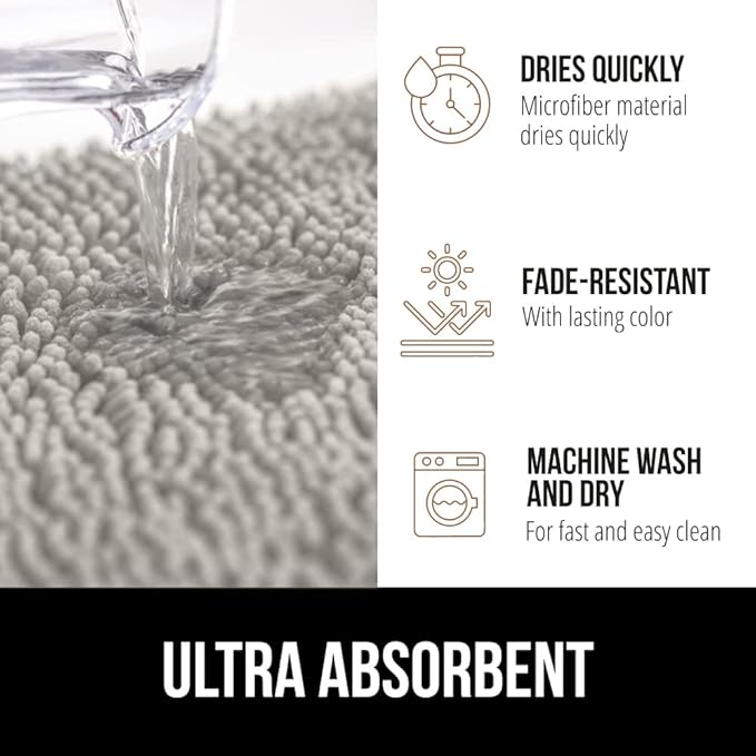 GORILLA GRIP Bath Rug Mat 36x24, Soft Absorbent Chenille, Quick Dry Microfiber Mats, Rubber Backing Washable Shower Floor Rugs, Bathmat Runner, US Designed Bathroom Home Decor Accessories Light Gray