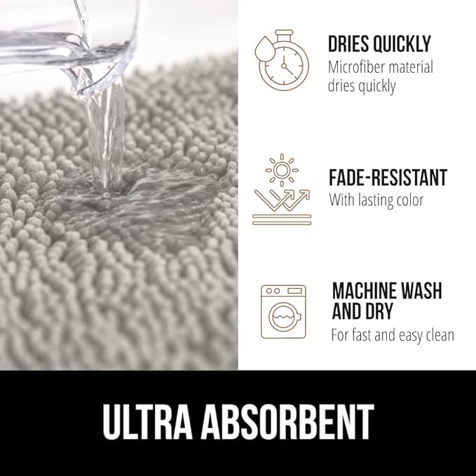 GORILLA GRIP Bath Rug Mat 44x26, Soft Absorbent Chenille, Quick Dry Microfiber Mats, Rubber Backing Washable Shower Floor Rugs, Bathmat Runner, US Designed Bathroom Home Decor Accessories Light Gray