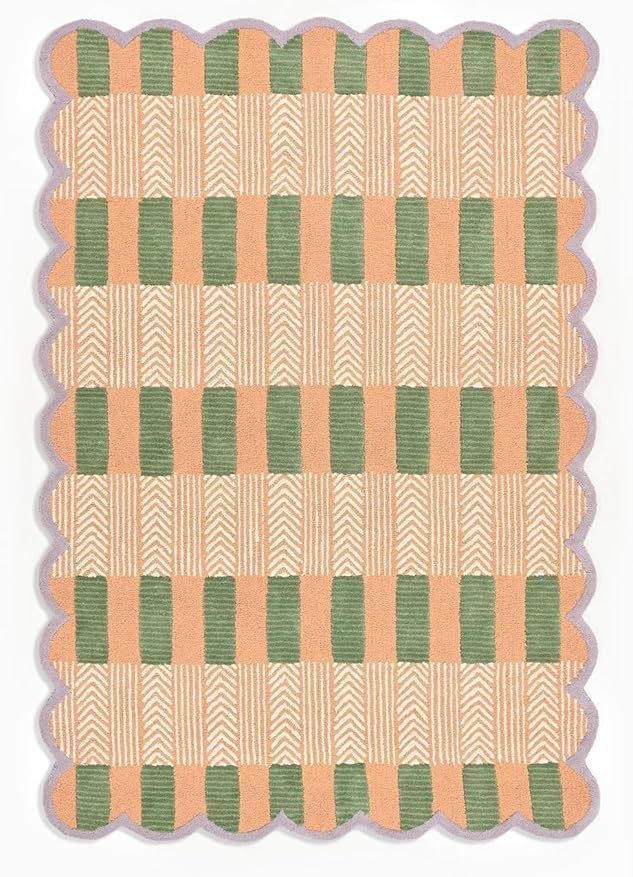Handmade Scalloped Wool Area Rug - Modern Geometric Pattern, Green-Beige Stripes, Checkered Chevron Design - Soft, Durable Thick Carpet for Living Room, Bedroom (Beige, 5' x 8')