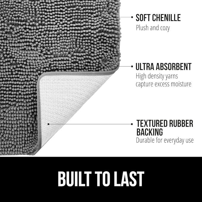 GORILLA GRIP Bath Rug Mat 70x24, Thick Soft Absorbent Chenille, Quick Dry Microfiber Mats, Rubber Backing Washable Shower Floor Rugs, Bathmat Runner, US Designed Bathroom Home Decor Accessories Grey
