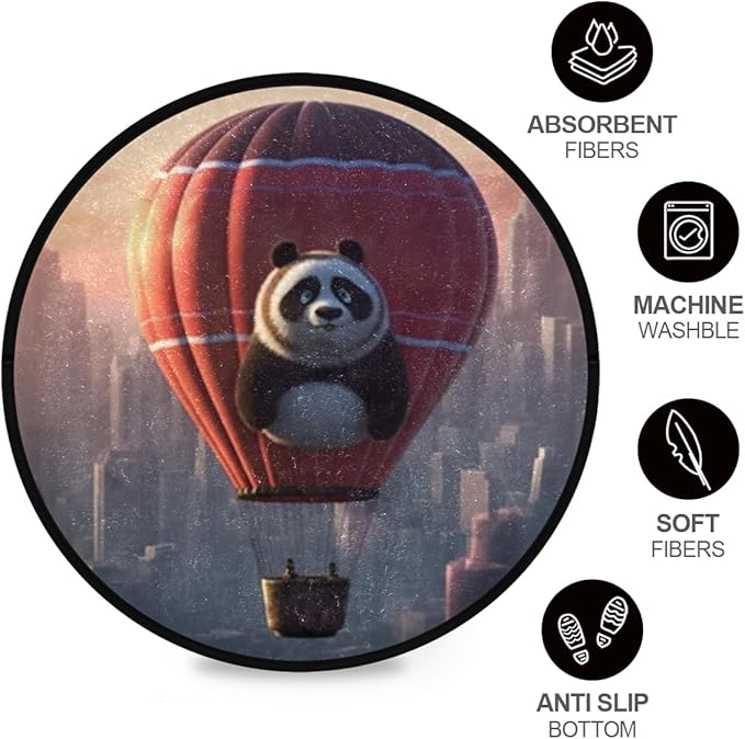 Round Non-Slip Area Rug Washable & Soft for Indoor/Outdoor Use Panda Hot Air Balloon Design Perfect Room Decor for Living Room, Bedroom, Office, Entryway & Bedside