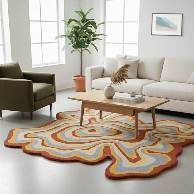 Irregular Shaped Handmade Wool Area Rug | Modern Colourful Stripe Premium Carpet | Perfect for Living Room, Bedroom, Dining Room & Home Decor (Desert, 6x6 ft)
