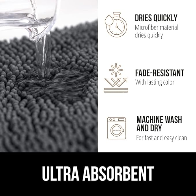 GORILLA GRIP Bath Rug Mat, Thick Soft Absorbent Chenille, Quick Dry Microfiber Mats, Rubber Backing Washable Shower Floor Rugs, US Designed Bathroom Bathmat Home Decor Accessories, 24x17, Charcoal