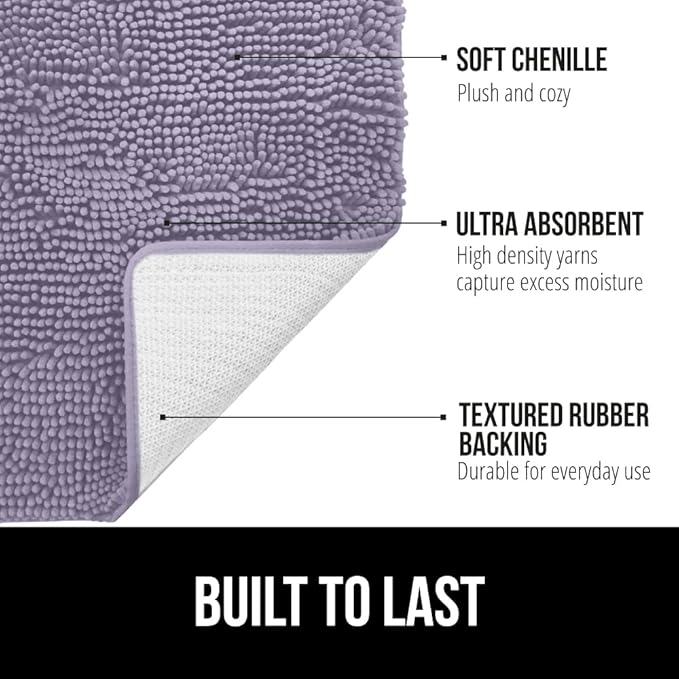GORILLA GRIP Bath Rug Mat 36x24 Thick Soft Absorbent Chenille, Quick Dry Microfiber Mats, Rubber Backing Washable Shower Floor Rugs, Bathmat Runner Bathroom Home Decor Accessories Light Purple