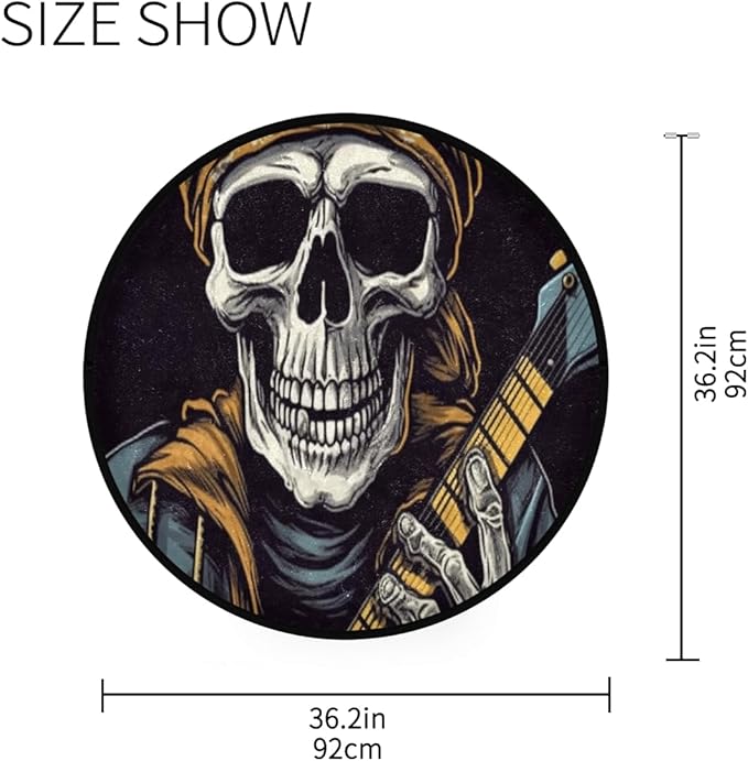 Washable Non-Slip Round Rug with Grinning Skull Electric Bass Design Perfect for Indoor & Outdoor Decor, Living Room, Bedroom, Dorm Room, and Office.
