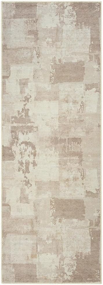 GLN Rugs Contemporary Collection - Machine Washable Area Rug, Contemporary Washable, Non Slip, Low Pile Chenille Rug, Living Room, Bedroom, Kitchen Rug (2'6" x 10' Abstract Tan)