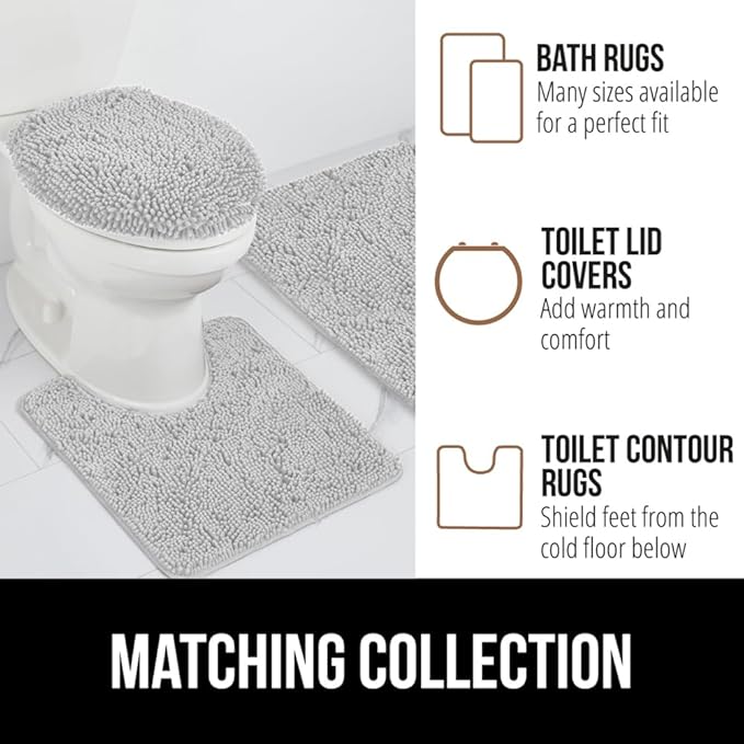 GORILLA GRIP Plush Absorbent Shaggy Chenille Bath Rug Mat for Oval Toilet Base with Rubber Backing, Machine Washable Rugs, Soft Microfiber Contour Mats for Toilets, Bathroom Decor, Lt Gray