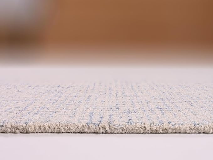Hand-Tufted 100% Wool Pile Area Rug – Geometric Textured Grid Check Pattern – Thick and Durable Floor Carpet for Bedroom, Living Room, Kids Room, and Dining Area (Ivory Blue, 2.6' x 12')