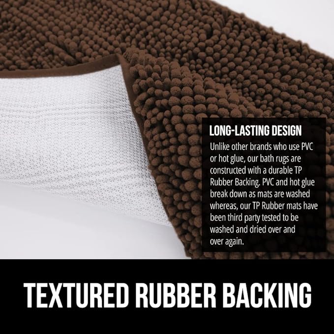 GORILLA GRIP Bath Rug Mat 48x24, Thick Soft Absorbent Chenille, Quick Dry Microfiber Mats, Rubber Backing Washable Shower Floor Rugs, Bathmat Runner, US Designed Bathroom Home Decor Accessories Brown