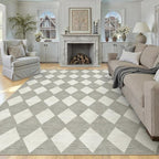 8x10 Checkered Area Rugs for Living Room Grey Machine Washable Large Rug Non-Slip Stain Resistant Low Pile Boho Accent Indoor Throw Carpet for Bedroom Dining Room Home Aesthetic Decor
