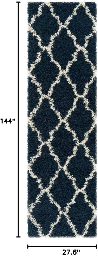 SAFAVIEH Dallas Shag Collection Runner Rug - 2'3" x 12', Navy & Ivory, Trellis Design, Non-Shedding & Easy Care, 1.5-inch Thick Ideal for High Traffic Areas in Living Room, Bedroom (SGD257N)
