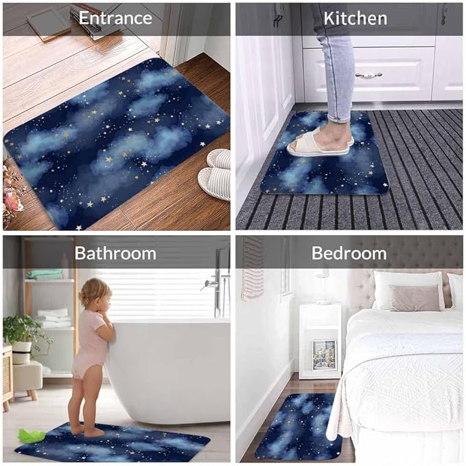 Stars and Clouds Bath Mats for Bathroom Dark Blue Watercolor Night Sky Galaxy Universe Space Floor Bath Rugs Machine Washable Bathmat Carpet Rug Room Decor for Shower Floor 16 X 24 inch Mat