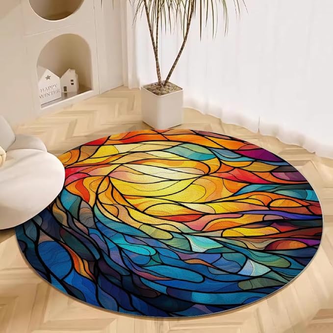 Abstract Colorful Pattern Round Rug Vintage Church Glass Area Rug Washable Soft Non-Slip Floor Carpet Low Pile Accent Rugs for Entryway Living Room Dining Room Bedroom Home Office 3ft