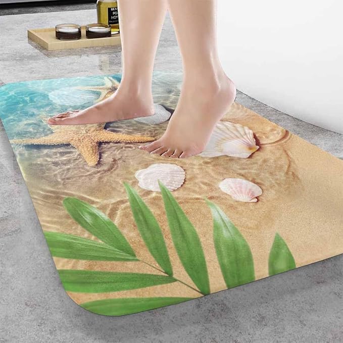 Palm Starfish Seashell Bath Rugs Microfiber Bathroom Mat Soft Plush Shaggy Shower Mat for Bathroom Fluffy Comfortable Water Absorbent Carpet Non-Slip Machine Washable 16"X24"
