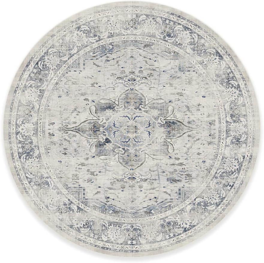 RUGGABLE Washable Vintage Area Rug – Sarrah Blue Quartz 8 ft Round, Stain-Resistant, Non-Slip – Large Machine Washable Rugs for Living Room, Bedroom, Hallway, Entryway & Office–with Cushioned Pad