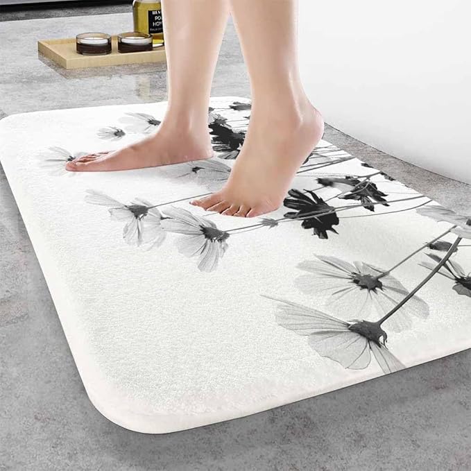 Cosmos Flowers Bathroom Mat Rugs Black and White Pattern Microfiber Faux Cashmere Thick Plush Bath Mat Non-Slip Water Absorbent Bath Carpet for Bathtub Bathroom Floor Tub 16X24 Inch