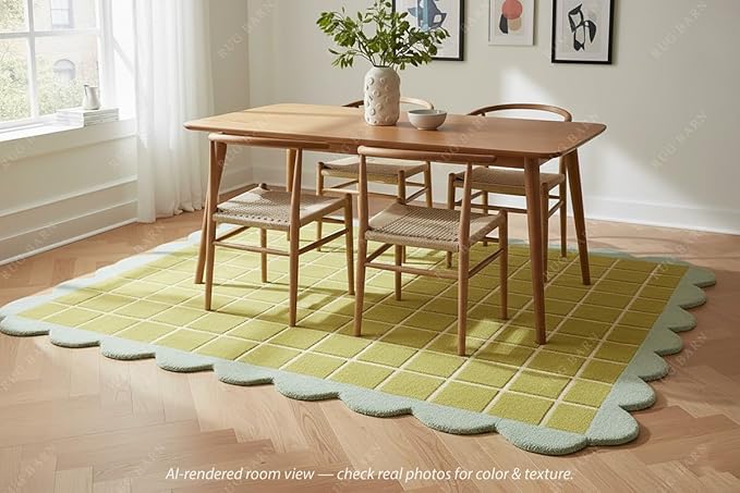 Checkered Wool Area Rug with Scalloped Border, Chartreuse Green & Cream Grid, Hand-Tufted, Soft Cut Pile, Modern Cottagecore Living Room, Bedroom & Nursery Carpet - 4x6 Ft