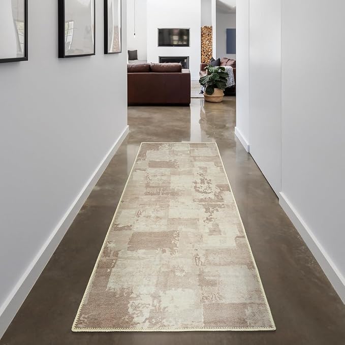 GLN Rugs Contemporary Collection - Machine Washable Area Rug, Contemporary Washable, Non Slip, Low Pile Chenille Rug, Living Room, Bedroom, Kitchen Rug (2'6" x 7' Abstract Tan)