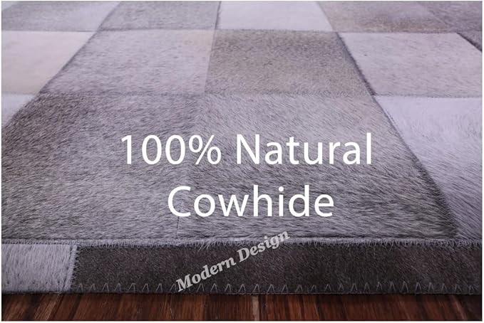 Modern Design Premium Cowhide Leather Carpet with Chevron Pattern, Area Rug (Grey, 9x12)