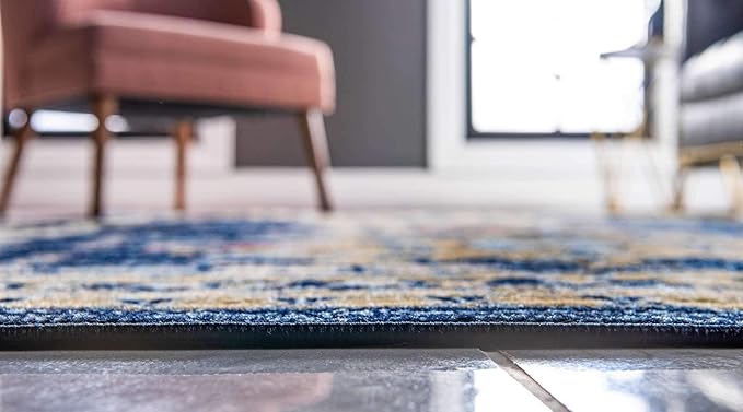 Unique Loom Taftan Collection Border Geometric Tribal Inspired Design Area Rug (8' 0 x 8' 0 Square, Navy Blue/ Gold)