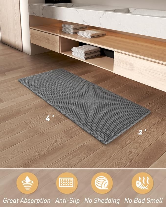 Upgraded Waffle Runner Rug Super Absorbent Non Slip Bath Mats for Bathroom Floor Machine Washable Bathroom Runner Rug with Tassels, Ideal for Hallway Bedroom Laundry Room, Dark Grey, 2'x 4'（24" x 48")