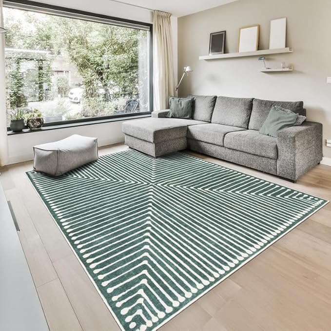 GLN Rugs Contemporary Collection - Machine Washable Area Rug, Contemporary Washable, Non Slip, Low Pile Chenille Rug, Living Room, Bedroom, Kitchen Rug (8' x 10' Beige Green)