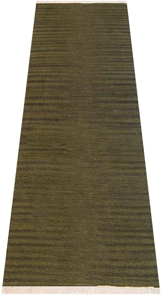 Rugsotic Carpets Hand Woven Flat Weave Kilim Wool ECO-Friendly Area Rugs - 2'6''x12', Runner Shape, Olive Color, Solid Plain Design, Low Pile Handmade Area Rugs for Living Room, Bed Room (D00111)