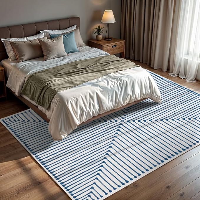 GLN Rugs Contemporary Collection - Machine Washable Area Rug, Contemporary Washable, Non Slip, Low Pile Chenille Rug, Living Room, Bedroom, Kitchen Rug (9' x 12' Blue Ivory)