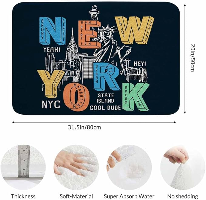 New York City Bath Rugs for Bathroom New York Theme on Black Background Durable Flannel Bath Rug Clearance Mats for Forlaundry Room and Kitchen Decor Carpt Washable 20 X 32 Inch Mat