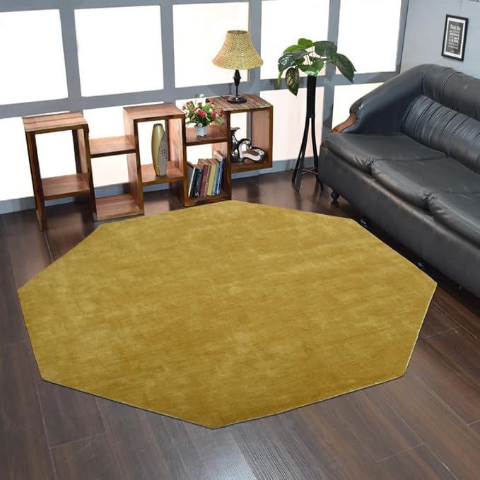 Hand Knotted Loom Wool ECO-Friendly Area Rugs - 6'x6', Octagon, Orange Color, Solid Plain Design, High Pile Thick Handmade Anti Skid Area Rugs for Living Room, Bed Room (L00111)