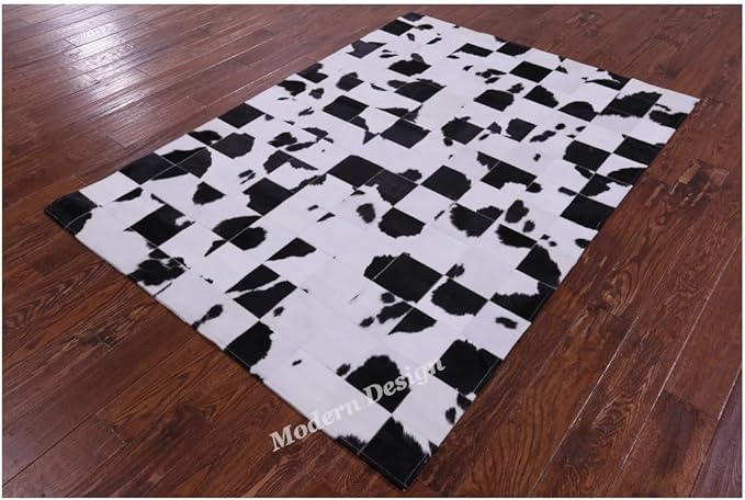 Modern Design Premium Cowhide Leather Carpet with Chevron Pattern, Area Rug (Black/White, 3x5)